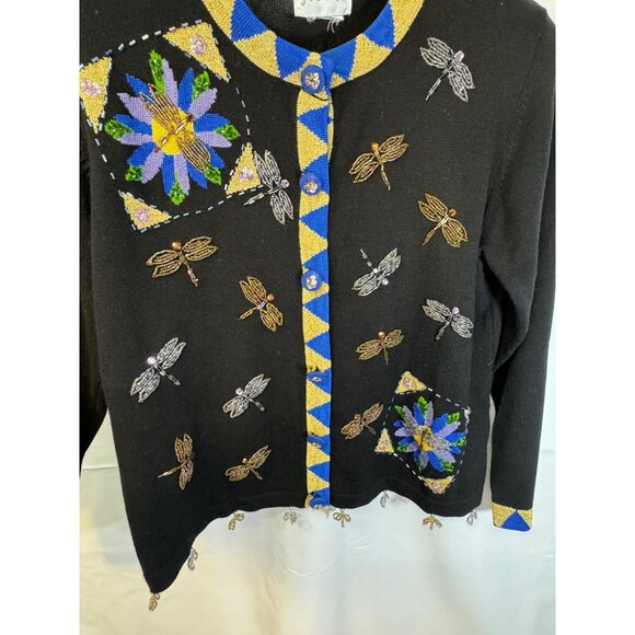 Vintage Just B cardigan beaded artsy dragonflies bold fun whimsy medium workwear - Picture 11 of 14